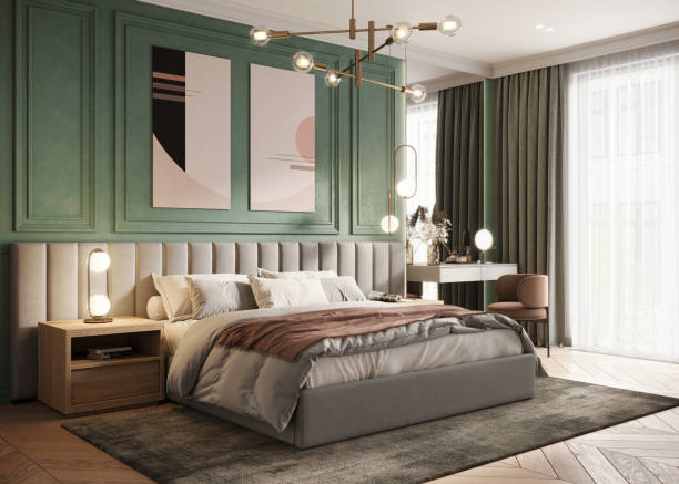 Comfortable vintage bedroom in luxurious apartment Digitally generated 3D image of a luxurious apartment bedroom hotel suite stock pictures, royalty-free photos & images