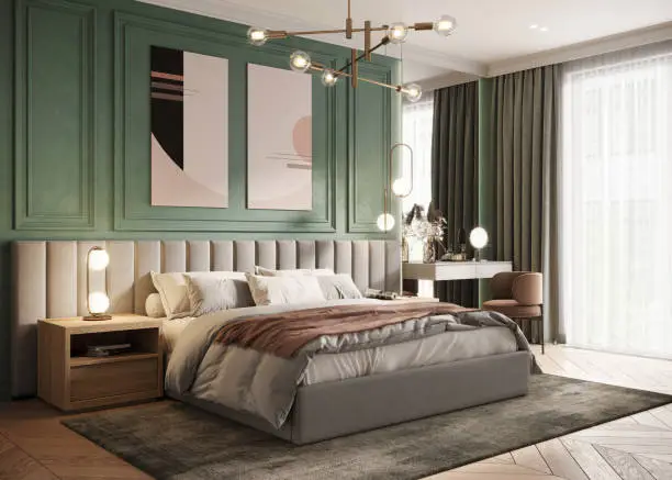 Digitally generated 3D image of a luxurious apartment bedroom