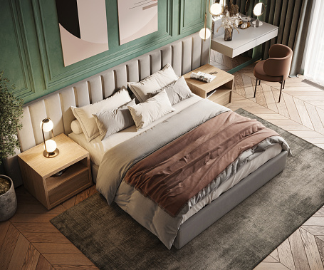 3D image of a top view of a king size bed in a luxurious vintage apartment