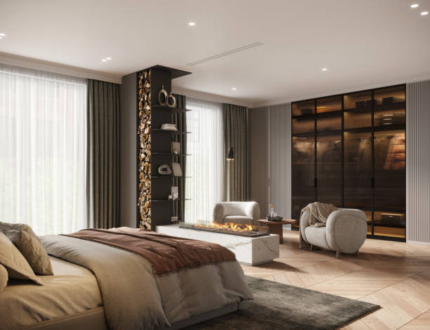 istock Digitally rendered image of a luxurious bedroom with open fire and wardrobe closet 1391018242