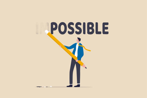 Make it possible, erase im word from impossible and believe we can do it, challenge or hope to overcome difficulty and achieve success concept, businessman using eraser to delete im from impossible. Make it possible, erase im word from impossible and believe we can do it, challenge or hope to overcome difficulty and achieve success concept, businessman using eraser to delete im from impossible. impossible possible stock illustrations