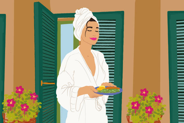 женщина в халате завтракает на террасе отеля - wrapped in a towel illustrations stock illustrations