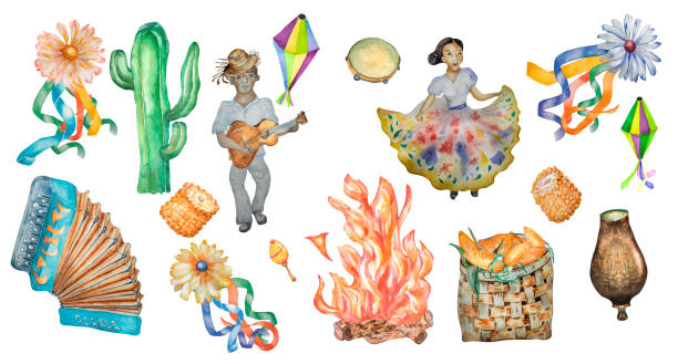 brasilianisches juni-festival-set aquarellillustration isoliert - traditional ceremony illustrations stock-grafiken, -clipart, -cartoons und -symbole