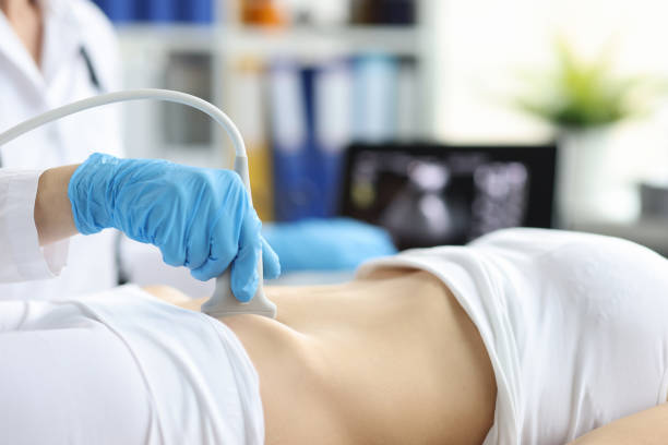 Ultrasound of woman in early pregnancy in clinic stock photo