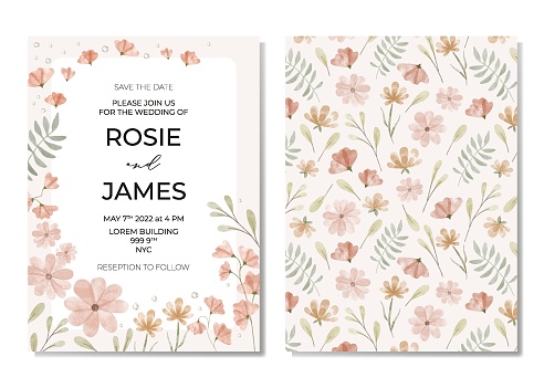 Botanical wedding invitation card template design, pink, orange wildflowers and green leaves with frame on light beige background, pastel vintage theme