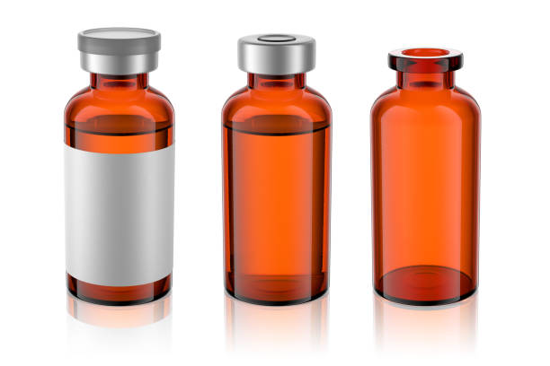 istock Vaccine brown glass injection vials set isolated. 3d rendering. 1391024151