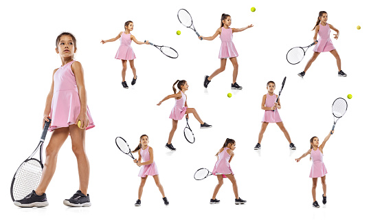 Set of portraits of little girl, child practising tennis, training isolated over white studio background. Healthy lifestyle, fitness, sport, hobby, exercise concept. Active and playful childhood.