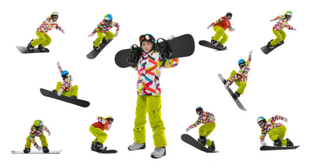 Set of portraits of young woman in bright sportswear, goggles and helmet snowboarding isolated on white studio background. Concept of winter sports Set of portraits of young woman in bright sportswear, goggles and helmet snowboarding isolated on white studio background. Concept of winter sports, active and healthy lifestyle, extreme sports snowboarding snowboard women snow stock pictures, royalty-free photos & images