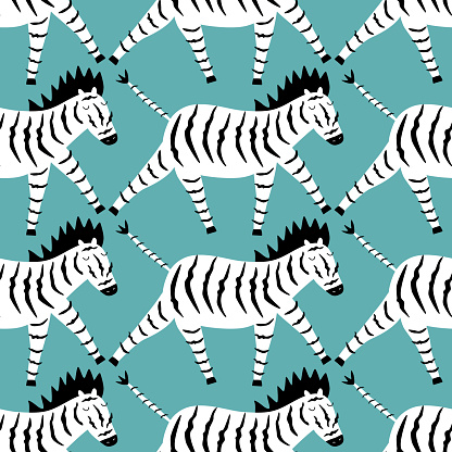 Funny zebra hand drawn vector illustration. Adorable baby character in flat style. African animal seamless pattern.
