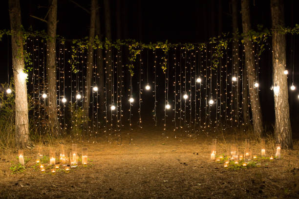 Wedding ceremony evening with candles and lamps in the coniferous pine forest. Wedding ceremony evening with candles and lamps in the coniferous pine forest garden lights candle stock pictures, royalty-free photos & images