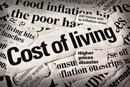 Newspaper cuttings about inflation, rising consumer prices and economic hardship.