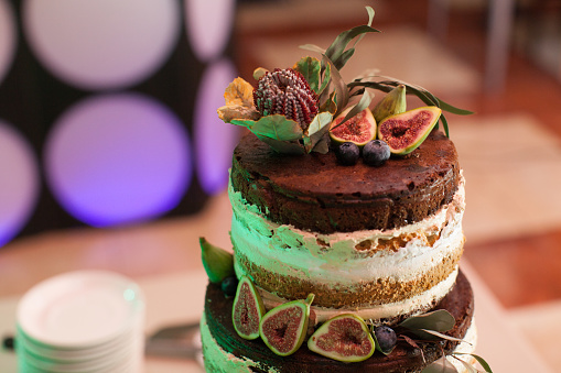 Delicious chocolate cake with figs and berries. Wedding Naked cake with fruits in rustic style.