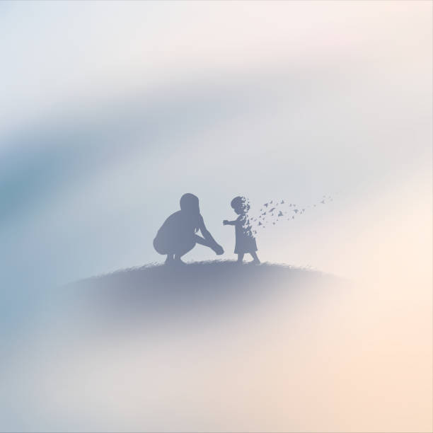 Mother and child outline Dying girl and bird in fog. Death, afterlife i love you mom stock illustrations