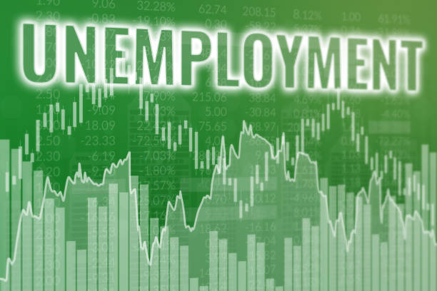 ilustrações de stock, clip art, desenhos animados e ícones de word unemployment on green finance background. 3d render, soft focus. global economy concept - unemployment