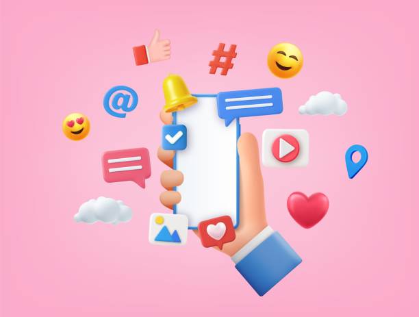 3D Online Social media 3D Online Social media communication concept. phone with comment, video and photo gallery and play icons. Hand holding phone with emoji, comment, love, like and play icons. Vector illustration social media stock illustrations