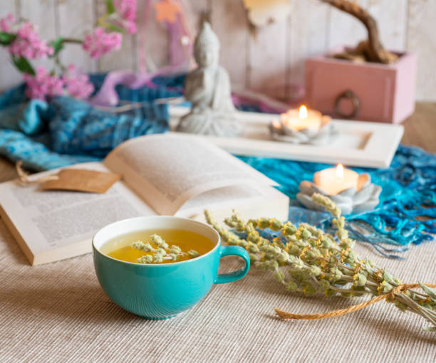 istock Tea in a turquoise cup with decoration - Greek mountain tea, herbal tea, white tea 1391028718