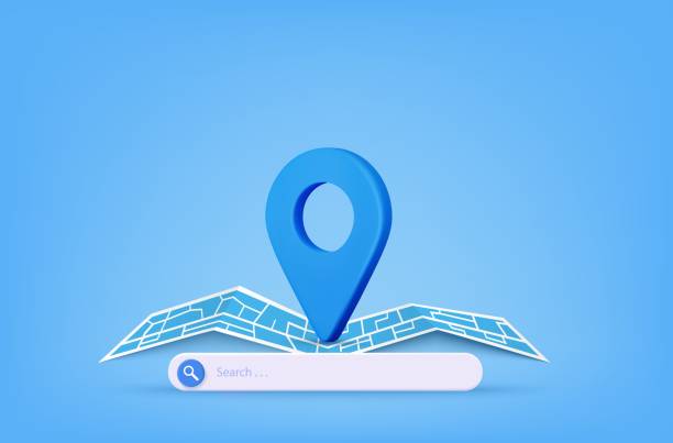 핀 포인터 및지도 위치 검색 gps - searching internet magnifying glass three dimensional stock illustrations