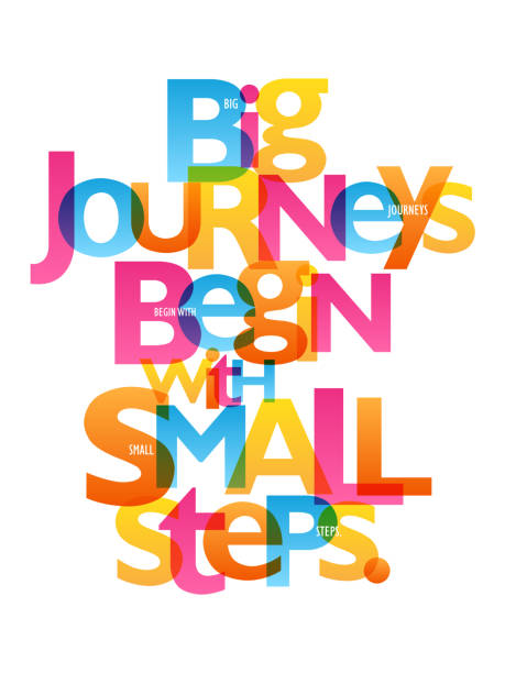 BIG JOURNEYS BEGIN WITH SMALL STEPS. colorful typography banner BIG JOURNEYS BEGIN WITH SMALL STEPS. colorful vector inspirational words typography banner thinking fast and slow stock illustrations