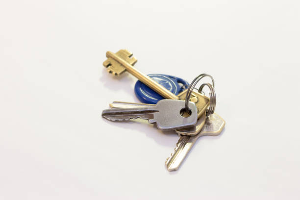A bunch of keys on wooden background
