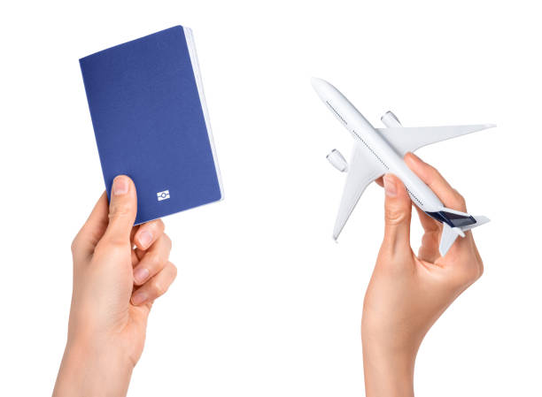 istock Hands holding airplane and blue passport on white background. 1391033572