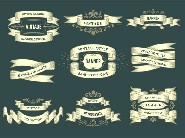 Retro badges. Hand drawn ribbons with place for text vintage sketched swirls tapes recent vector illustrations vector art illustration