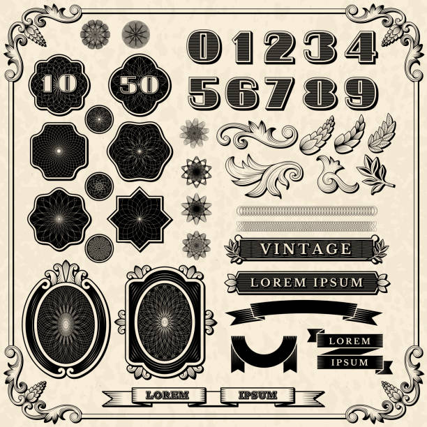 finanzielle ornamente. vintage-schriftarten rahmen zahlen für druckgeld design aktuelle vektorvorlagen sammlung - currency pattern guilloche currency symbol stock-grafiken, -clipart, -cartoons und -symbole