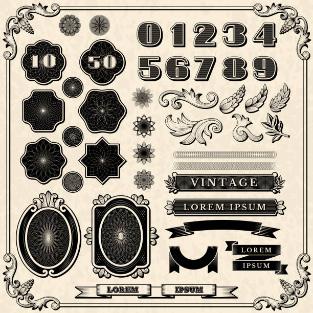 ozdoby finansowe. vintage fonts frames numbers for print money design recent vector templates collection - antyczny ilustracje stock illustrations