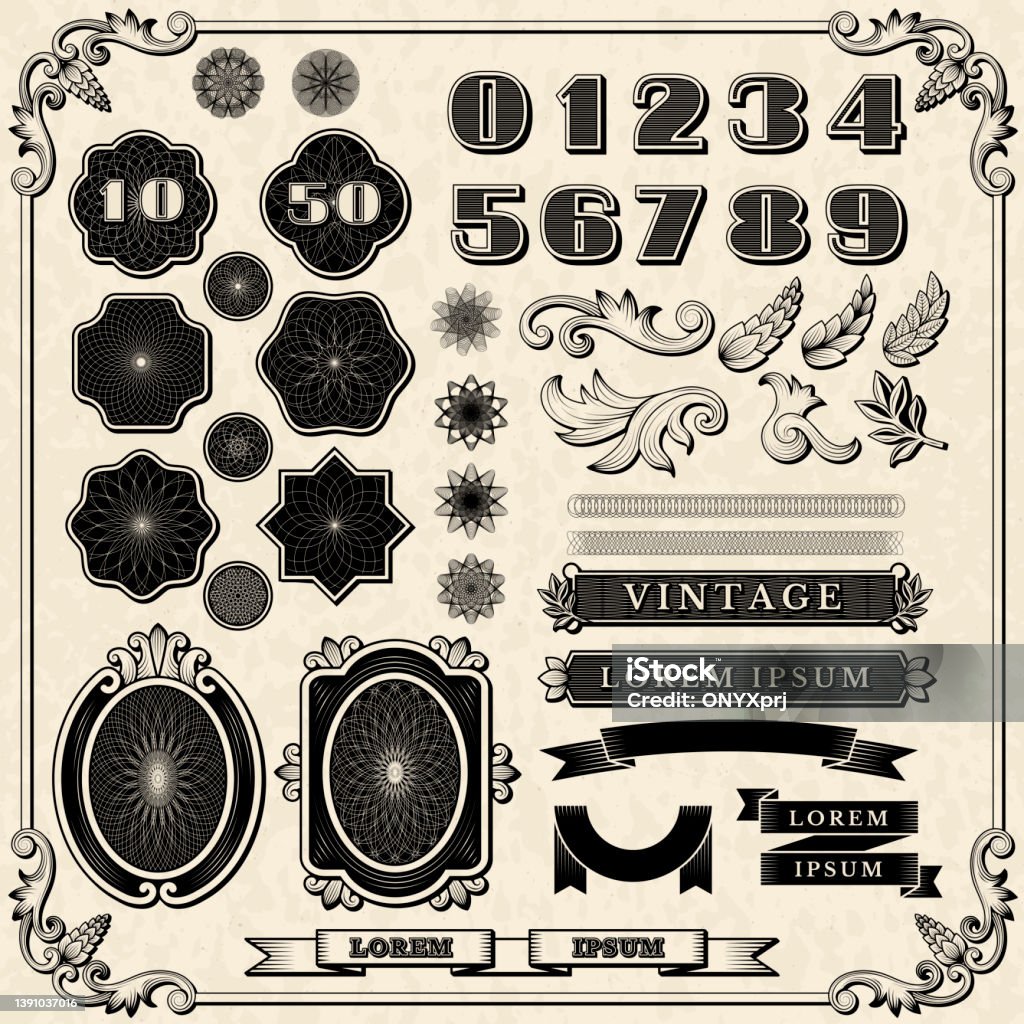 Financial ornaments. Vintage fonts frames numbers for print money design recent vector templates collection Financial ornaments. Vintage fonts frames numbers for print money design recent vector templates collection of frame financial ornament and design numbers illustration Paper Currency stock vector
