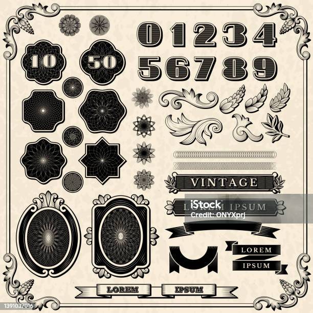 Financial Ornaments Vintage Fonts Frames Numbers For Print Money Design Recent Vector Templates Collection Stock Illustration - Download Image Now