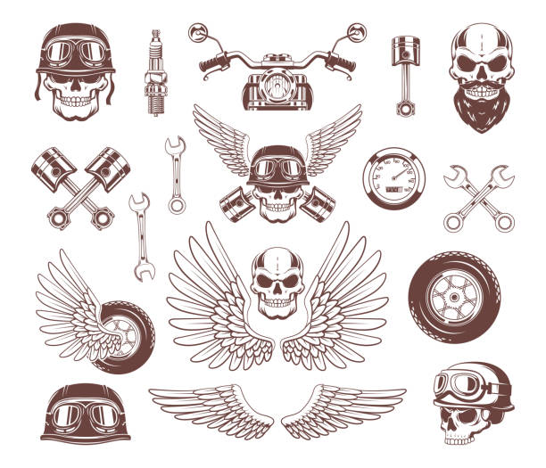 ilustrações, clipart, desenhos animados e ícones de crachás de motoqueiro. emblemas de motocicleta com crânio de bicicletas e helicópteros capacete protetor e asas coleção exata de imagens vetoriais - helmet motorized sport biker crash helmet
