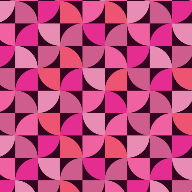 Mid century modern geometric shapes seamless pattern in pink, purple, coral on black background. Mid century modern geometric shapes seamless pattern in pink, purple, coral on black background. For web site background, wallpaper, home décor and textile illusion pattern circle image created 1960s stock illustrations