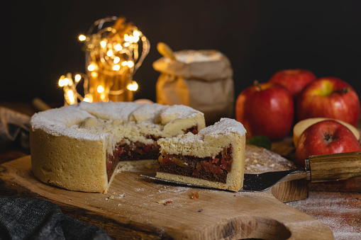 apple pie on flour wood, apple pie, apple pie recipe, background for sweet food recipes, apple desserts, apple food