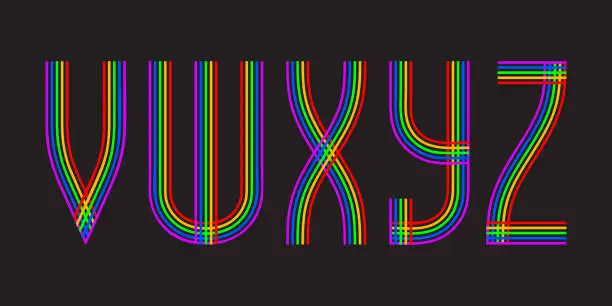 Vector illustration of V, W, X, Y, Z multicolored lines letters. Isolated stylish font.