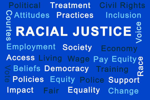 palabras de justicia racial sobre fondo azul - acess fotografías e imágenes de stock