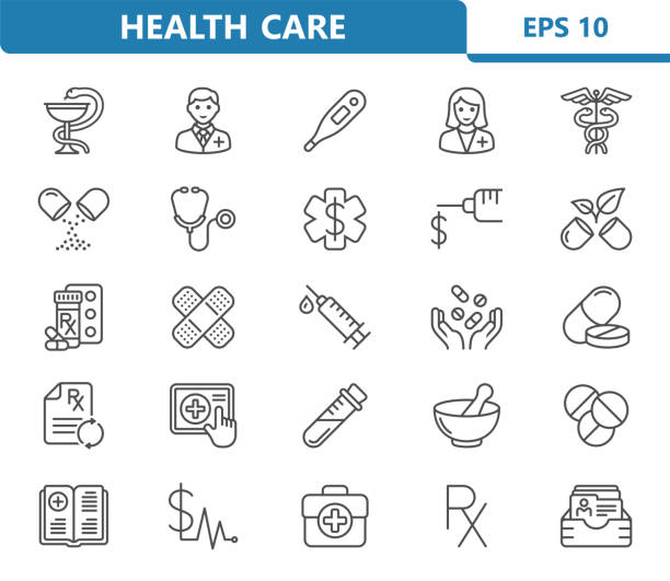 symbole für das gesundheitswesen. gesundheitswesen, medizin, krankenhaus-ikone - apotheke stock-grafiken, -clipart, -cartoons und -symbole