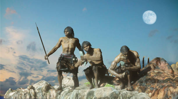 пещерный человек племени людей рендер 3d - neanderthal стоковые фото и изображения