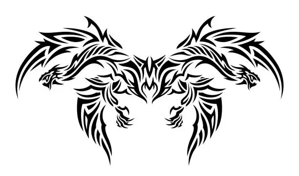 Vector illustration of Tribal tattoo art with black two headed dragon