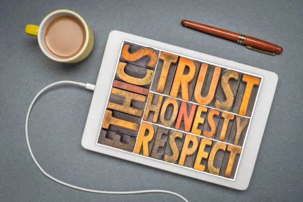 ethics, trust, honesty, respect - word abstract in vintage letterpress wood type on a digital tablet, flat lay  with a cup of coffee, business and core values concept