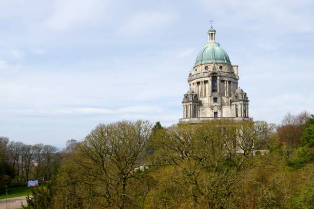 Aerial view of the Ashton Memorial, in Williamson Park, Lancaster. The Ashton Memorial can be viewed from all over Lancaster and provides magnificent views of the city.  Williamson Park, Lancaster, Lancashire England, on Monday, 11th April, 2022. lancaster lancashire stock pictures, royalty-free photos & images