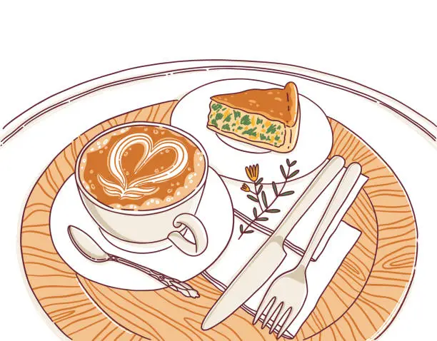 Vector illustration of Coffee and slice of pie on the cafe table, vector illustration