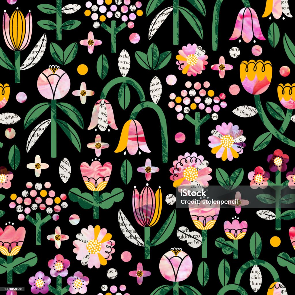 꽃밭 콜라주 패턴 일러스트레이션 패턴에 대한 스톡 벡터 아트 및 기타 이미지 - 패턴, 0명, 가을 - Istock