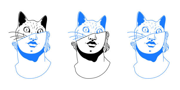 ilustrações, clipart, desenhos animados e ícones de ilustração da linha da cabeça da estátua. cabeça de estátua junto com a cabeça de gato impressão minimalista. modelo de design de impressão da camiseta. - sculpture