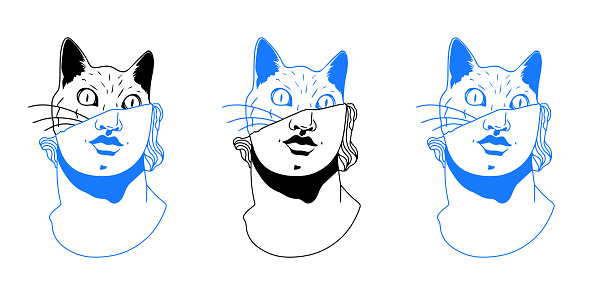Statue head line illustration. Statue head along with cat head, minimalistic print. T-shirt print design template. Vector illustration