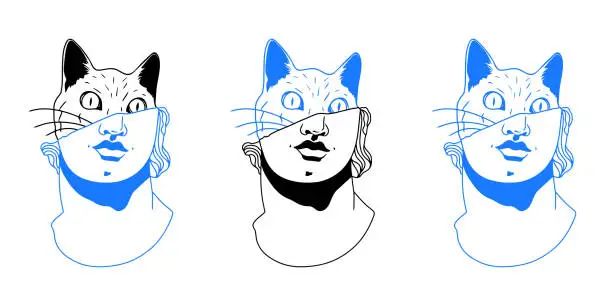 Vector illustration of Statue head line illustration.Statue head along with cat head minimalistic print.T-shirt print design template.