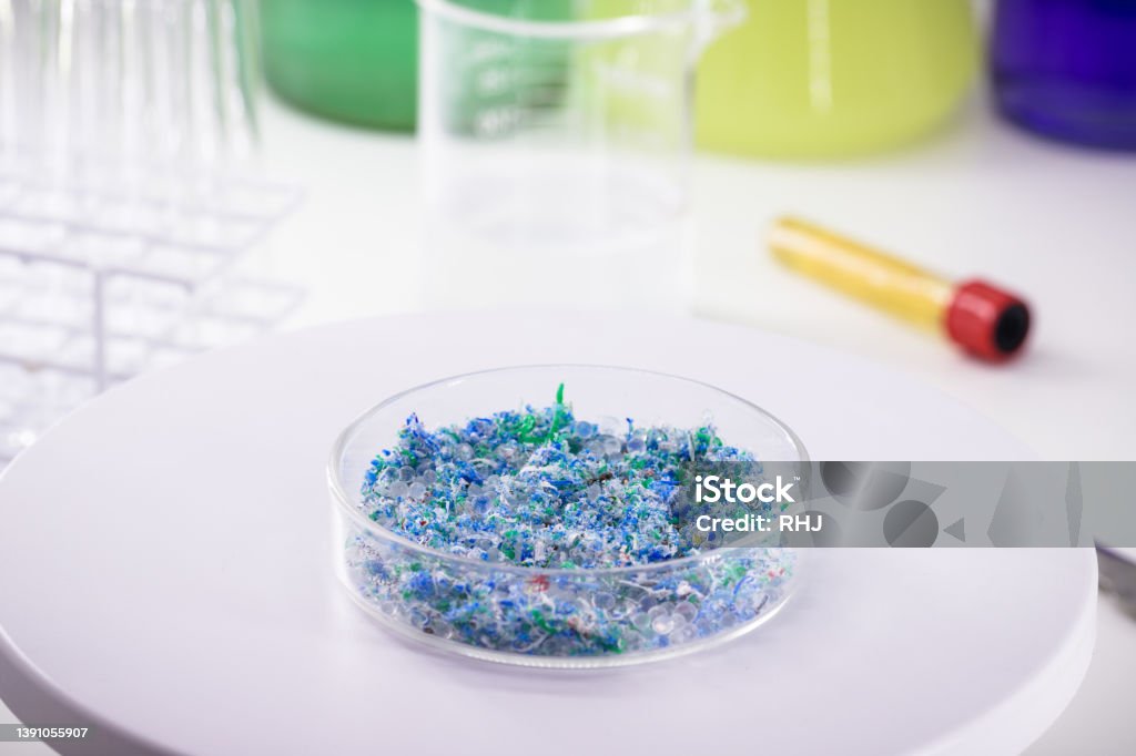 traces of plastic and microplastic in petri dish, analyzed in laboratory, study of environmental problem Microplastic Stock Photo