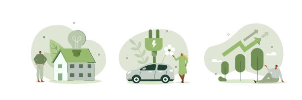 ilustraciones, imágenes clip art, dibujos animados e iconos de stock de conjunto de energía renovable - transportation nature environment electric car