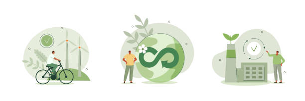 circular economy set Circular economy illustration set. Sustainable economic growth with renewable energy and natural resources. Green energy, sustainable industry and manufacturing concept. Vector illustration. zero waste stock illustrations