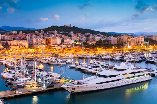 Palma de Mallorca, Spain Skyline at the Port Palma de Mallorca, Spain skyline at the port with yachts in the early morning. yachting stock pictures, royalty-free photos & images