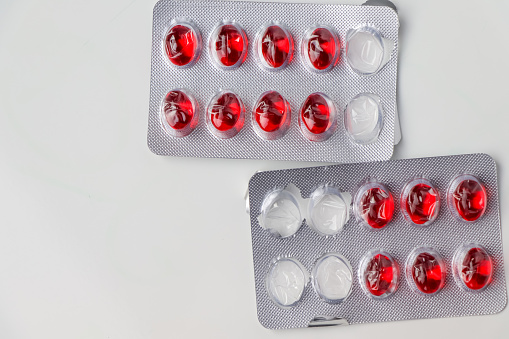 Five Rounds Tablets Medicine Red Round Tablets In A Packaging In Capsules Stock Photo ...