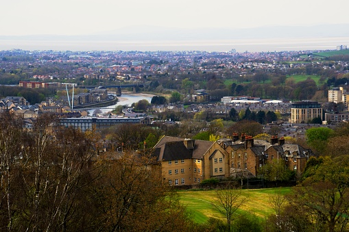 The view from the dome of the Ashton Memorial, encompasses Williamson Park, the bridges across the River Lune and Lancaster Castle and Cathedral.